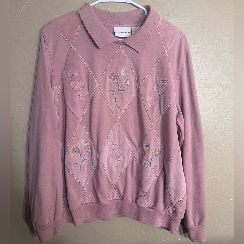 Alfred Dunner crew neck Collar Mauve Dusty Pink Velvet pattern